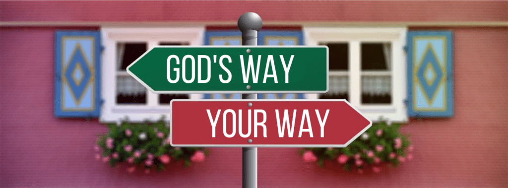 Image of  road sign. Green arrow pointing left that says God's Way. Red arrow pointing right that says Your Way.