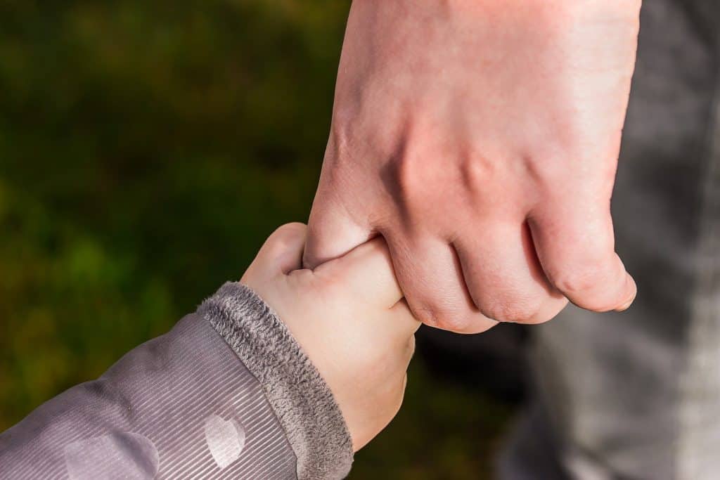 Image of a toddler hand holding the finger of an adult.
