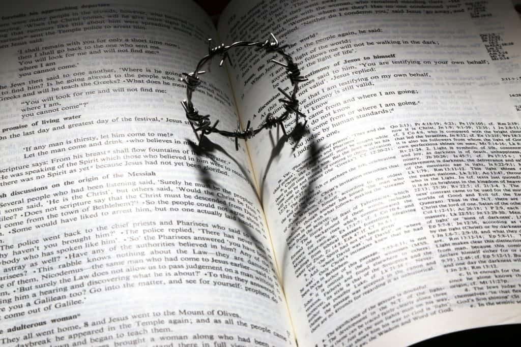 Crown of thorns throwing a heart-shaped shadow on pages of an open Bible.