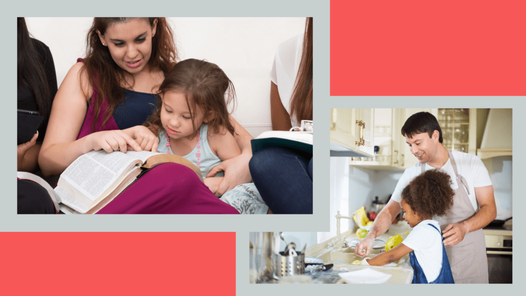 Images of biblical parenting, specifically the concept of instruction. Mom is reading the Bible with her daughter. Dad is teaching daughter how to wash dishes.