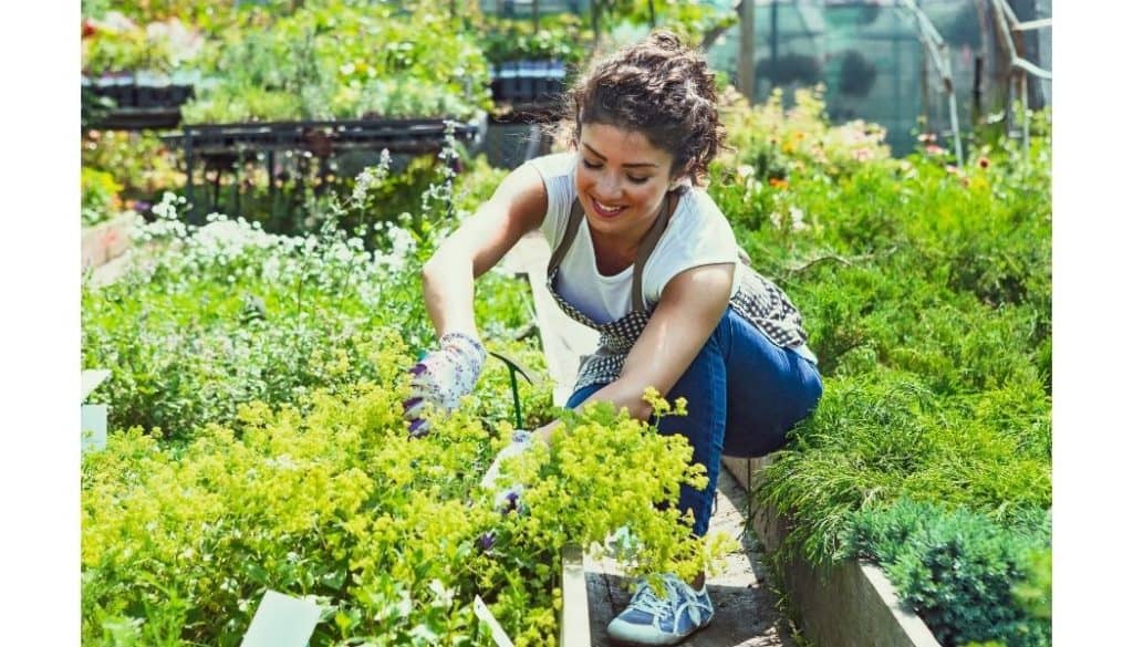 Young woman tending a garden.