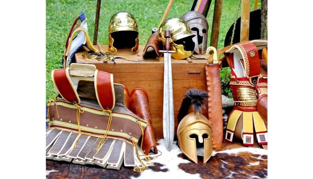 Image of many pieces of Roman armor illustrating the armor of God.