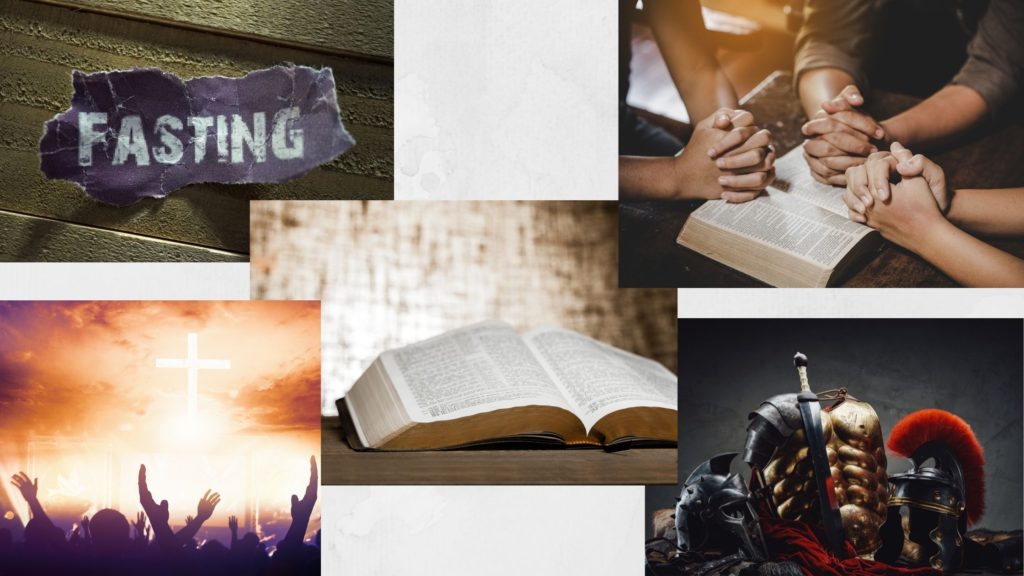 Collage of spiritual weapons, including worship, prayer, the armor of God, fasting, and scripture.