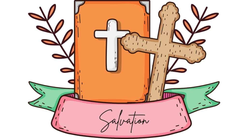 Hand drawing of a banner inscribed with the word "Salvation" wrapped around a Bible and a wooden cross.
