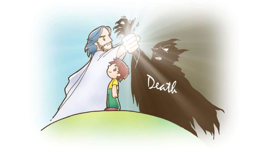 Cartoon image of Jesus fighting death (the devil) to protect a little boy.