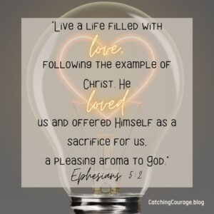 Ephesians 5:2 on how to love like Jesus. "Live a life filled with love, following the example of Christ. He loved us and offered Himself as a sacrifice for us, a pleasing aroma to God." In the background is a lightbulb with a heart filament.
