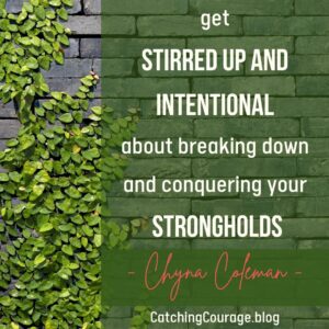 "Get stirred up and intentional about breaking down and conquering your strongholds." Chyna Coleman on a background of stone.